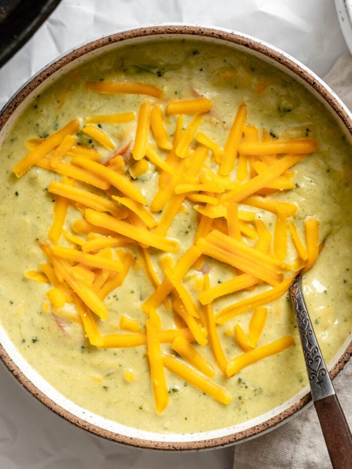 completed Vegan Broccoli Cheddar Soup in a bowl