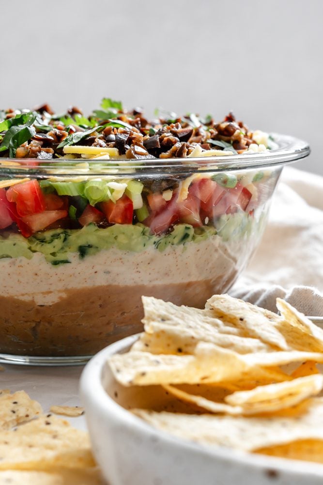 completed Vegan 7 Layer Dip (Quick and Easy) in a bowl