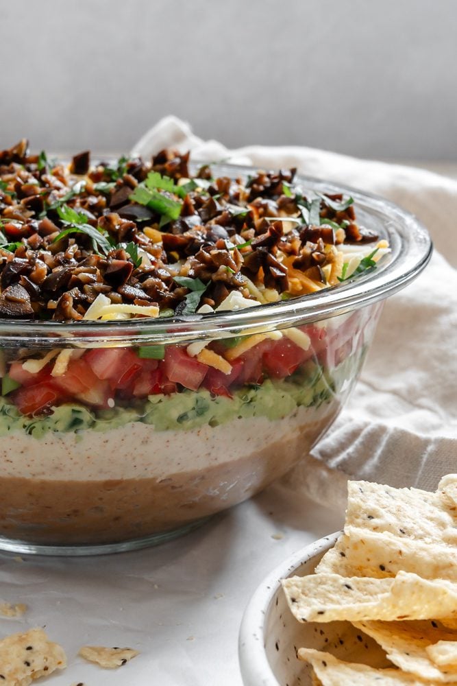 completed Vegan 7 Layer Dip (Quick and Easy) in a bowl