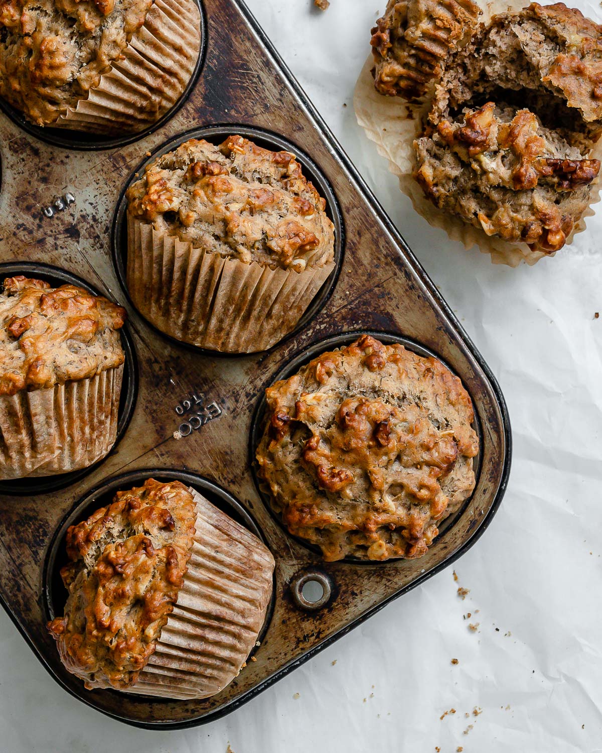 completed Vegan Banana Oatmeal Muffins in muffin tin