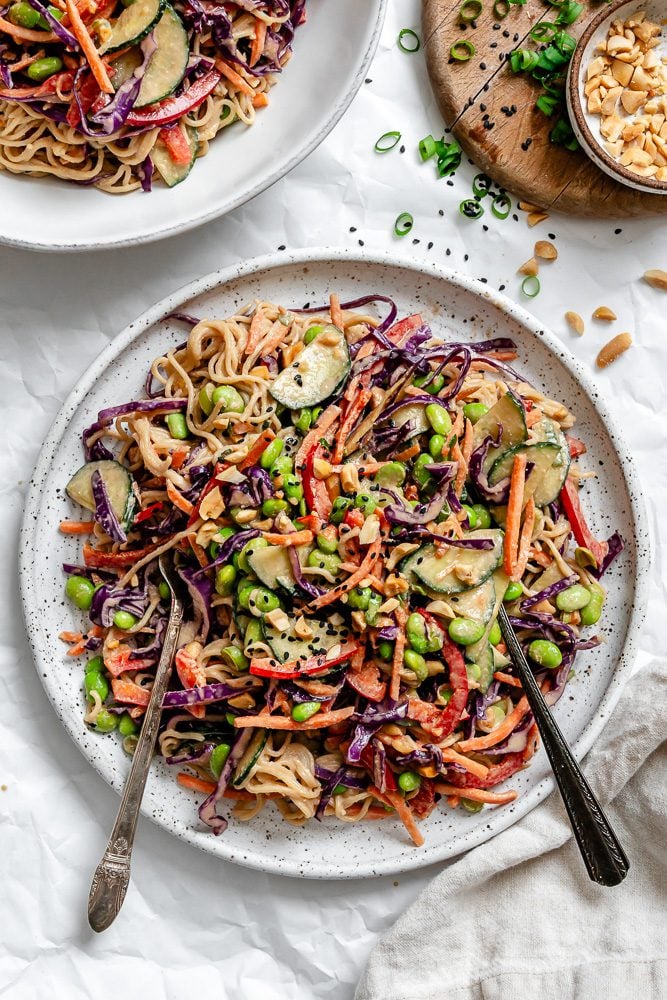 Completed Cold Noodle Salad on a plate.