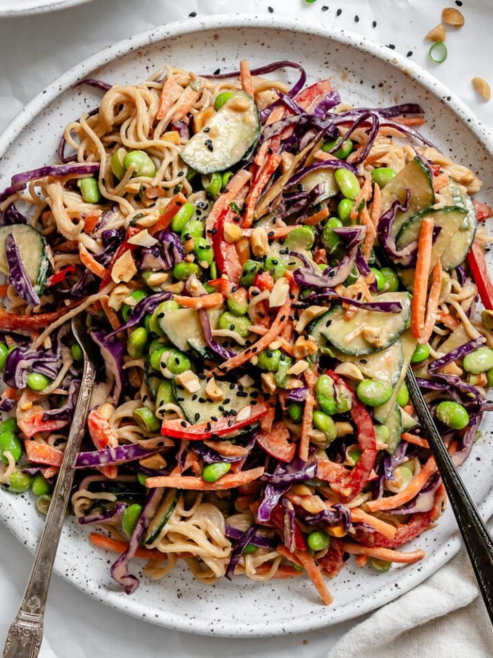 Completed Cold Noodle Salad on a plate.