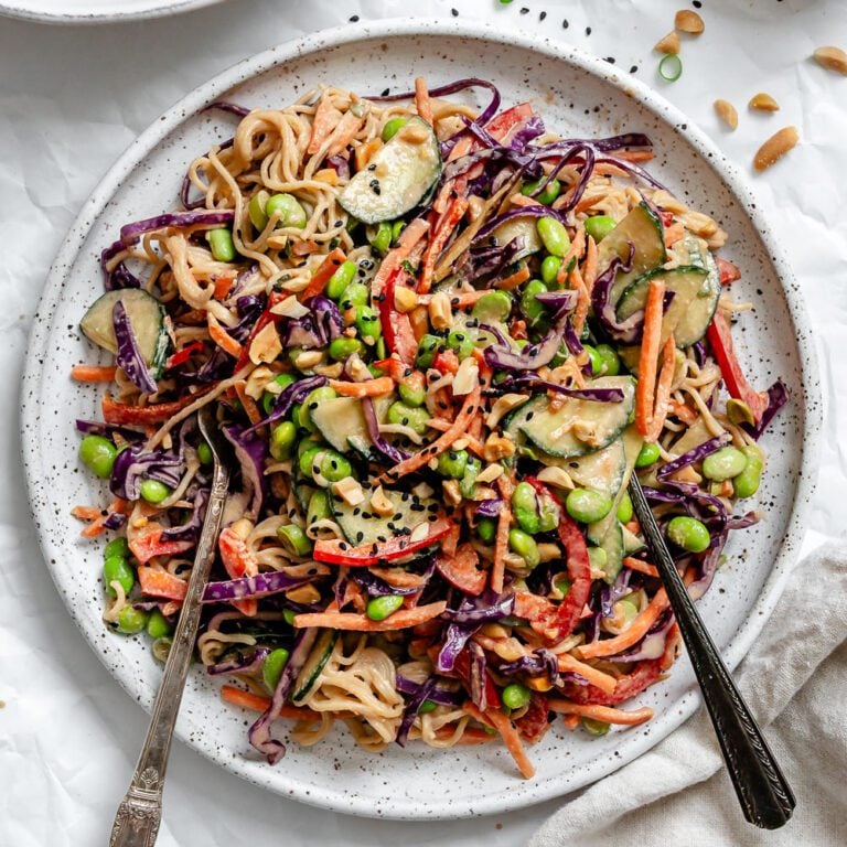 Completed Cold Noodle Salad on a plate.