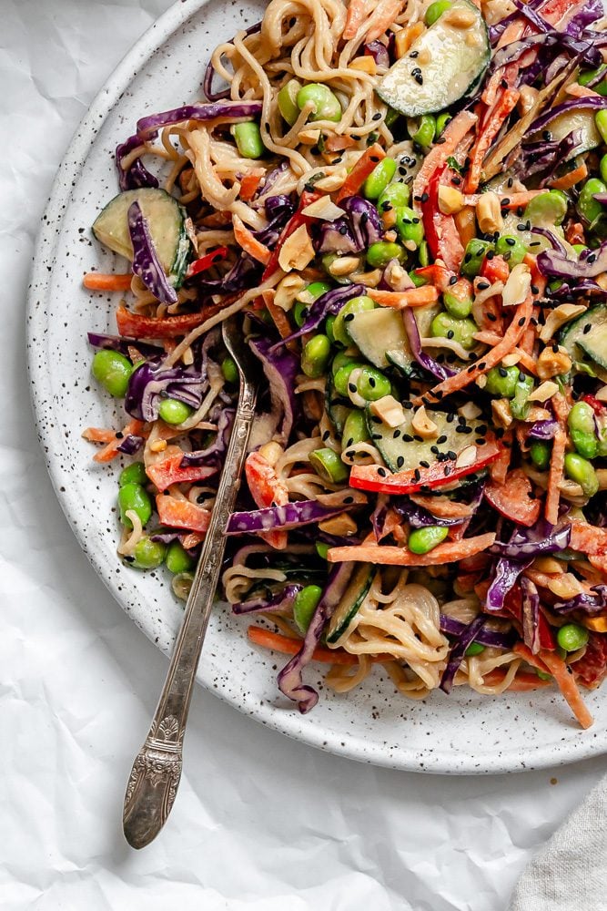 Completed Cold Noodle Salad on a plate.