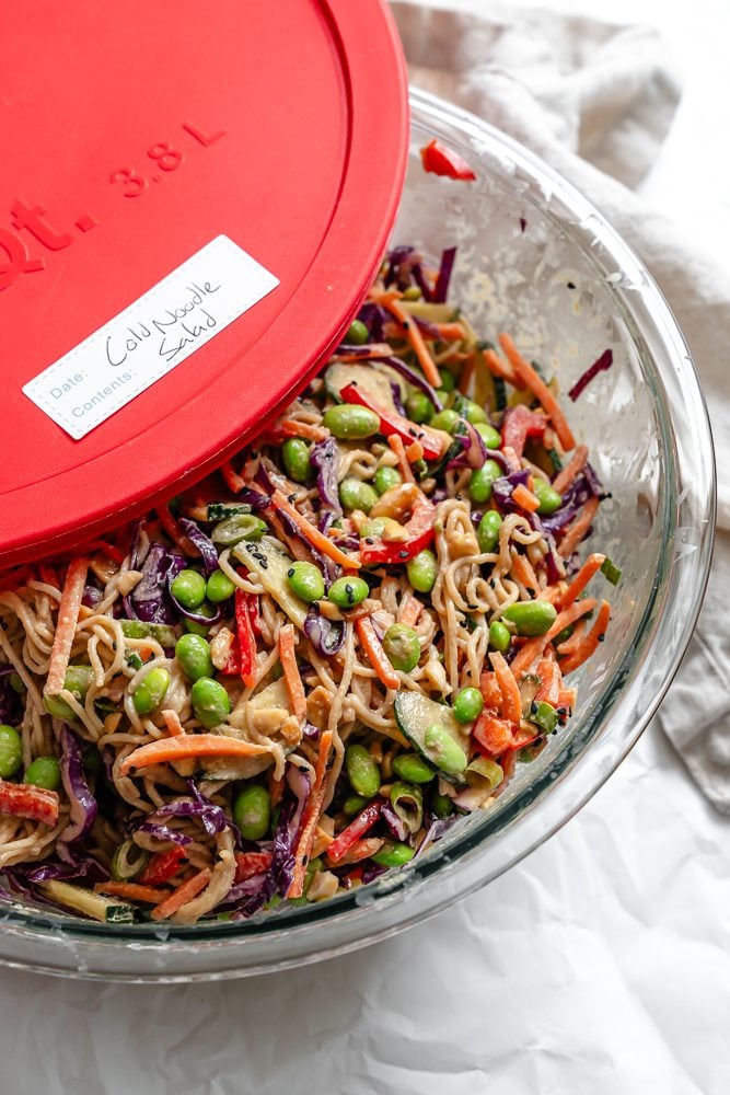Completed Cold Noodle Salad in a storage container.