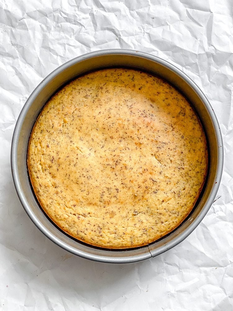 process shot showing post baked upside down cake