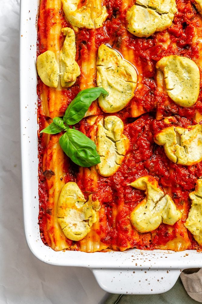 Completed Vegan Manicotti (With Tofu Ricotta) in baking dish.