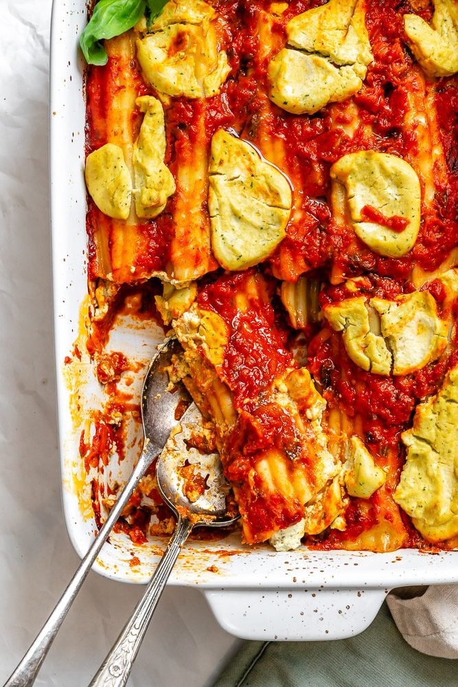 Completed Vegan Manicotti (With Tofu Ricotta) in baking dish.