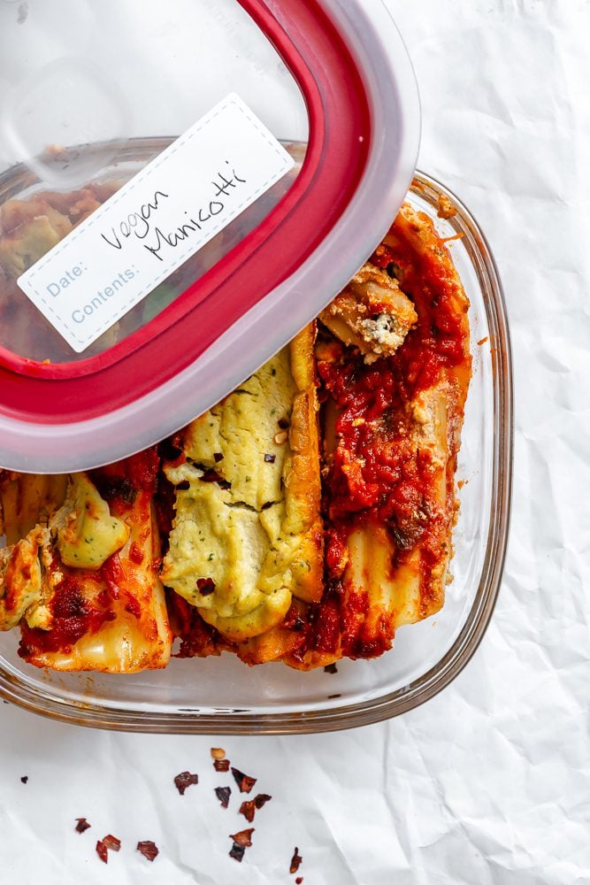 Completed Vegan Manicotti (With Tofu Ricotta) in storage container.