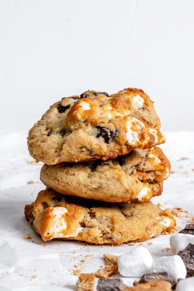 Completed Vegan Smores Cookies on a white surface.