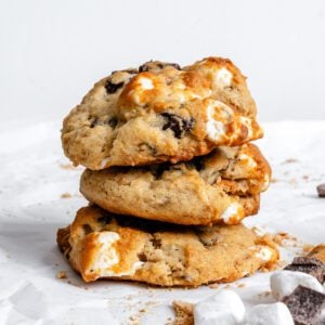 Completed Vegan Smores Cookies on a white surface.