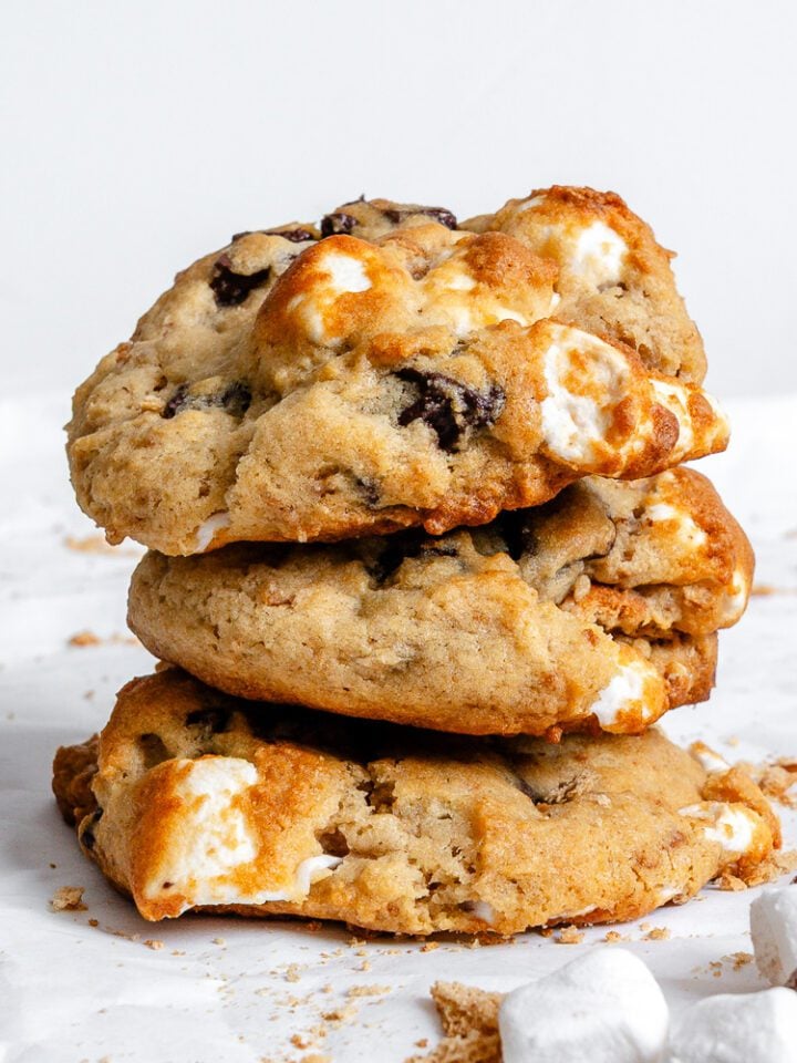 Completed Vegan Smores Cookies on a white surface.