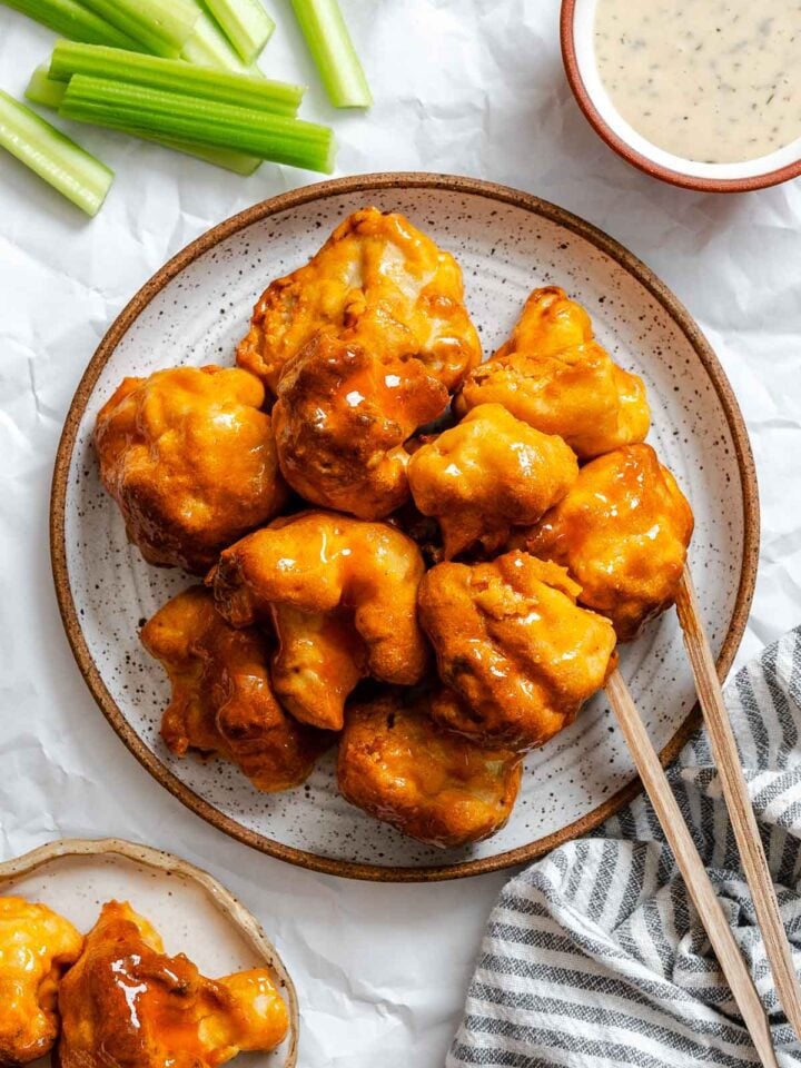 Completed Air Fryer Buffalo Cauliflower Wings on a plate.