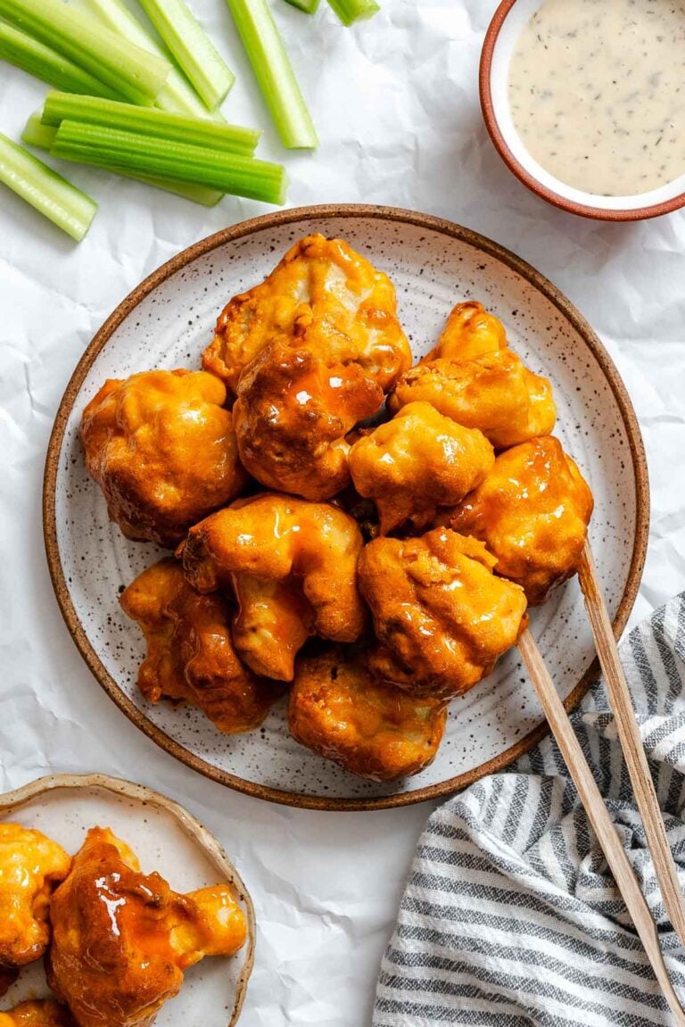 Completed Air Fryer Buffalo Cauliflower Wings on a plate.