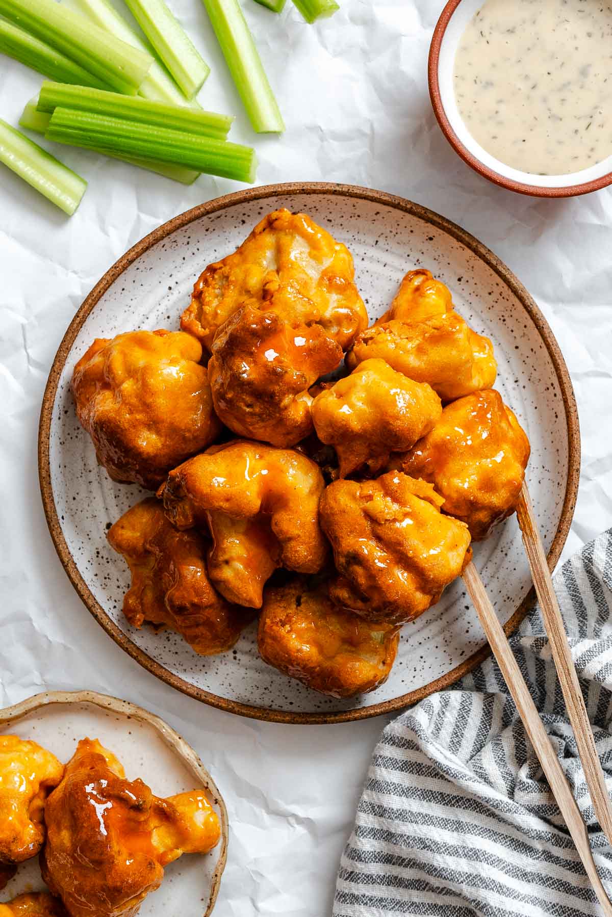 Completed Air Fryer Buffalo Cauliflower Wings on a plate.