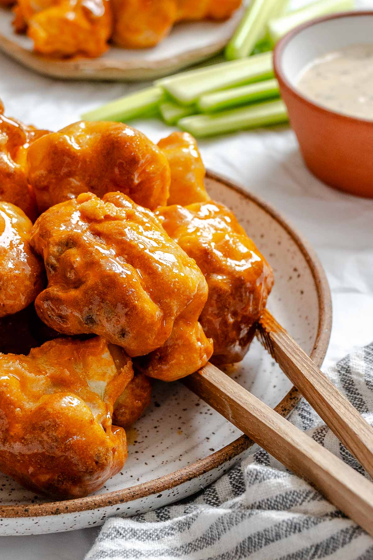 Completed Air Fryer Buffalo Cauliflower Wings on a plate.