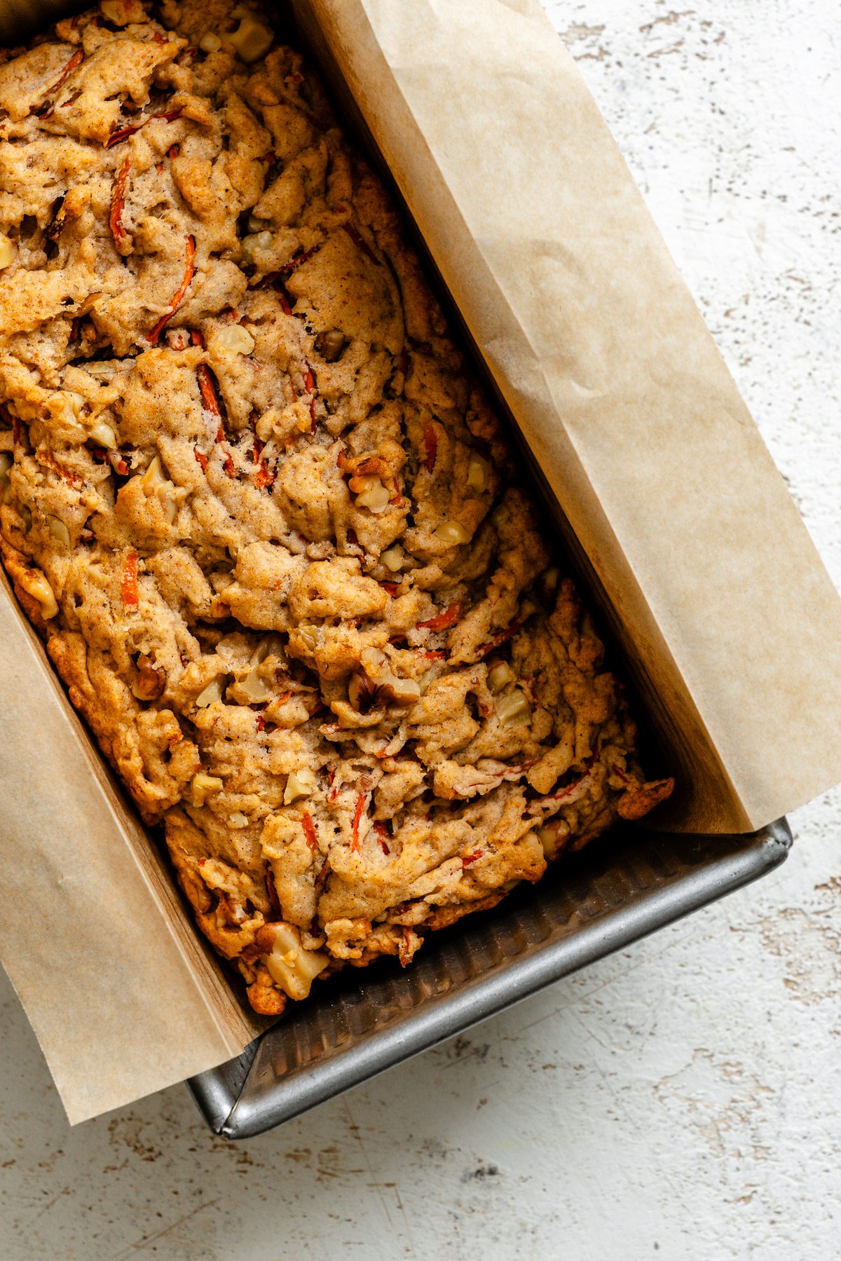 Completed Vegan Carrot Cake Loaf in loaf pan.