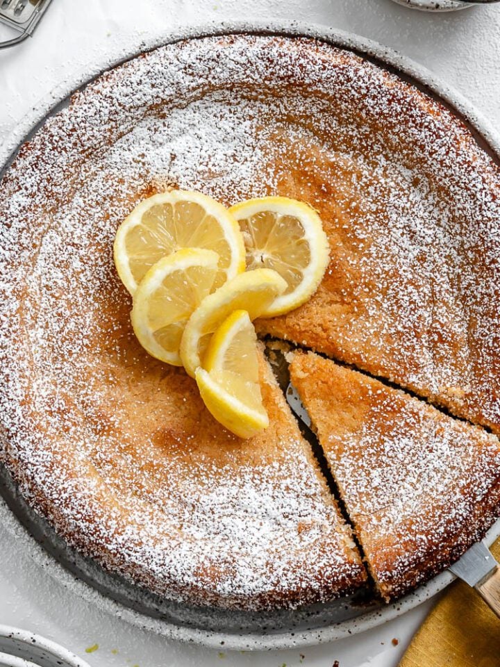 Completed Lemon Olive Oil Cake (Vegan) in baking pan.