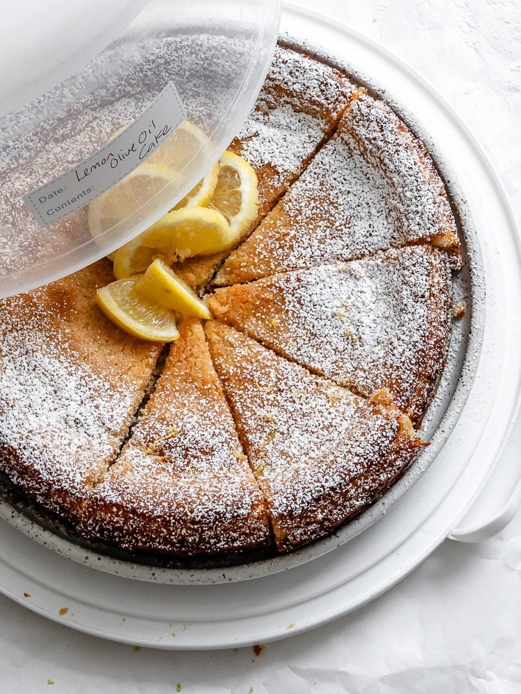Completed Lemon Olive Oil Cake (Vegan) in storage container.