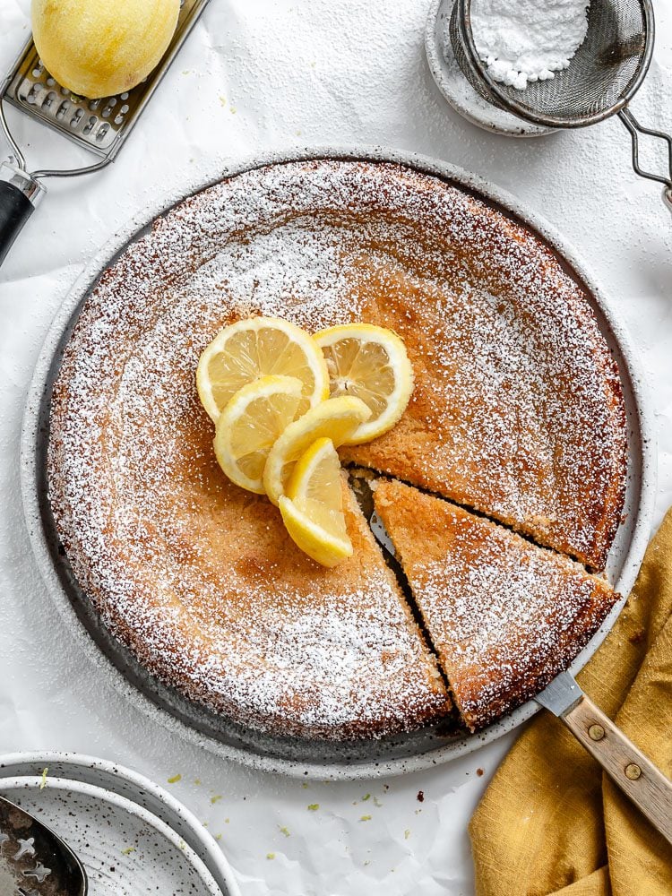 Completed Lemon Olive Oil Cake (Vegan) in baking pan.