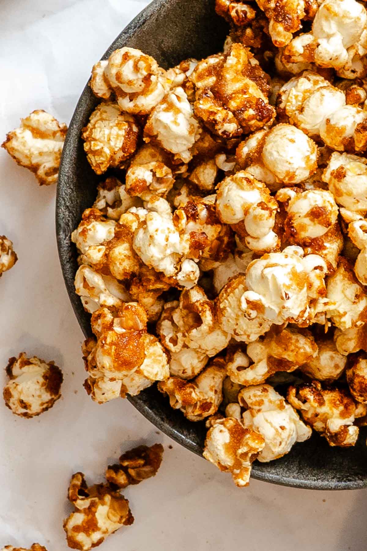 Completed Vegan Caramel Popcorn in a bowl.