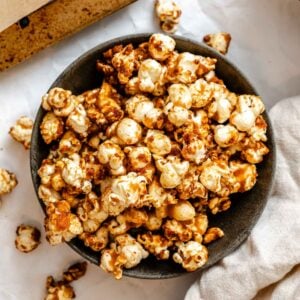 Completed Vegan Caramel Popcorn in a bowl.