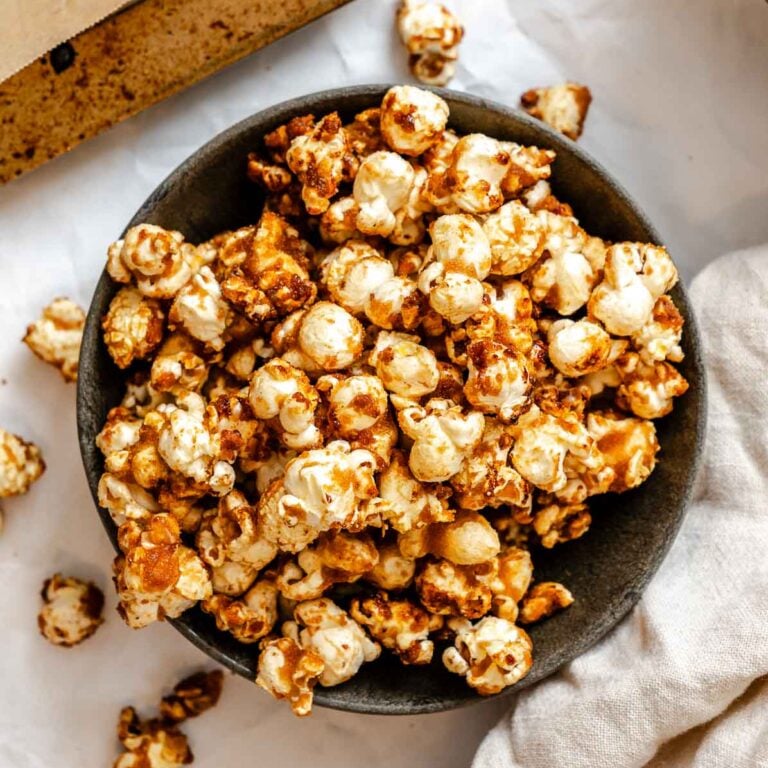 Completed Vegan Caramel Popcorn in a bowl.