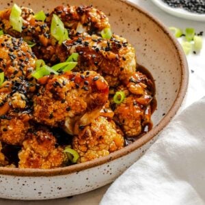 Completed Sticky Sesame Cauliflower (Air-Fried) in a bowl.
