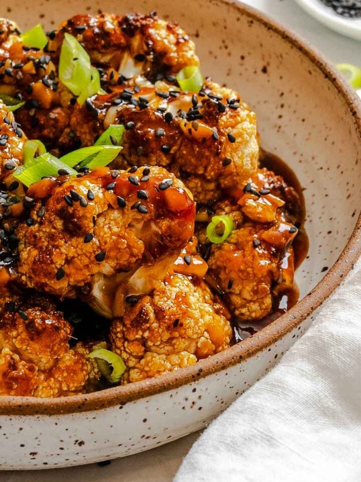 Completed Sticky Sesame Cauliflower (Air-Fried) in a bowl.