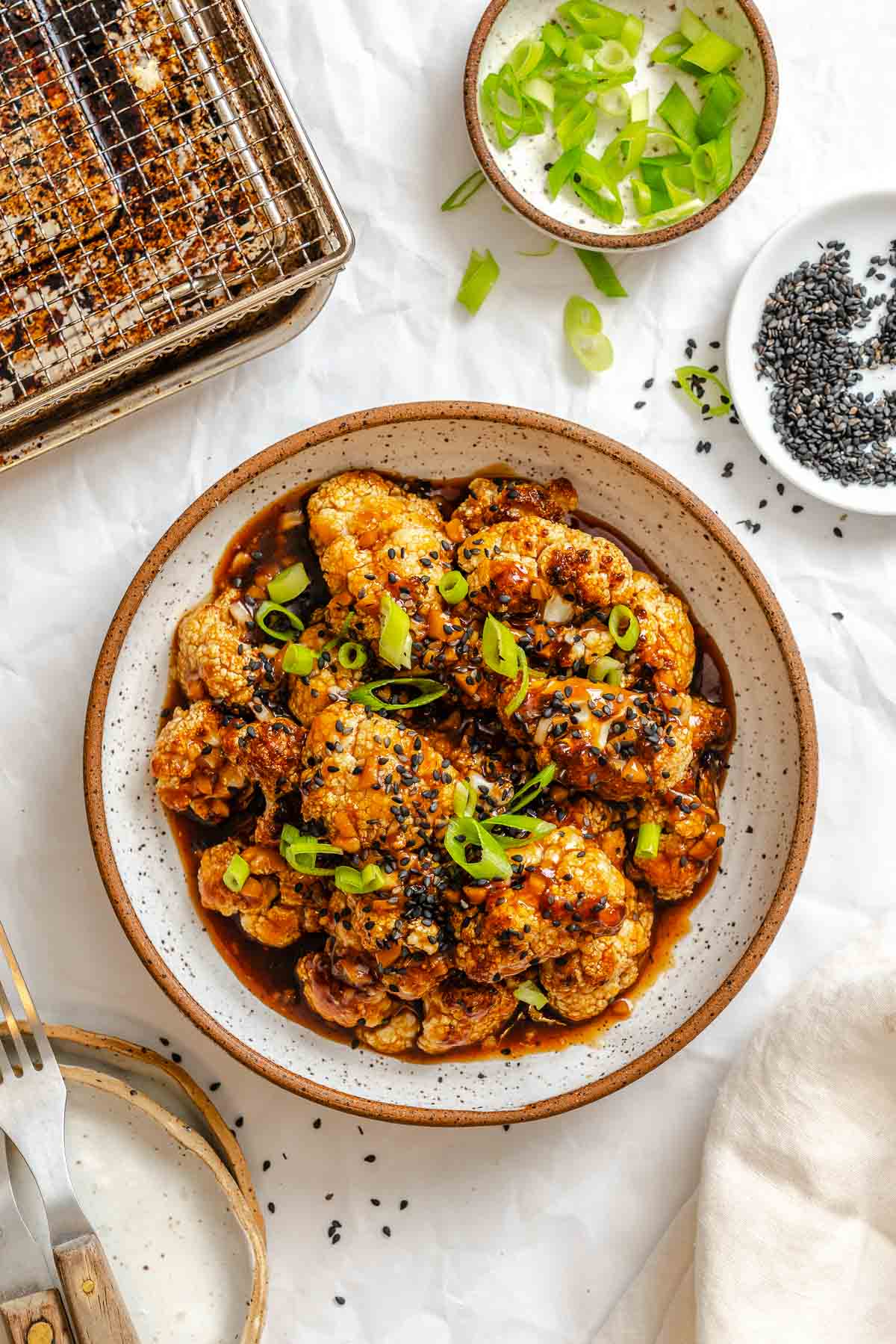 Completed Sticky Sesame Cauliflower (Air-Fried) in a bowl.