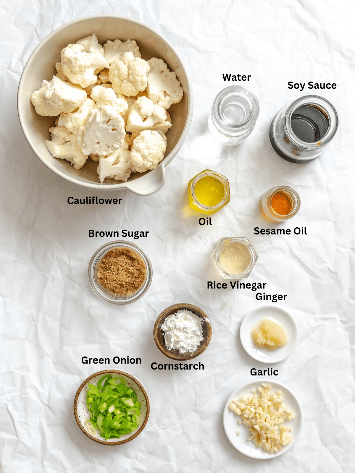 Ingredients for Sticky Sesame Cauliflower (Air-Fried) measured out on a white surface.
