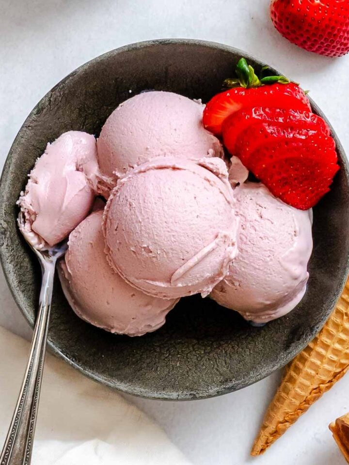 Completed Vegan Strawberry Ice Cream (Ninja Creami)-8 in a bowl.