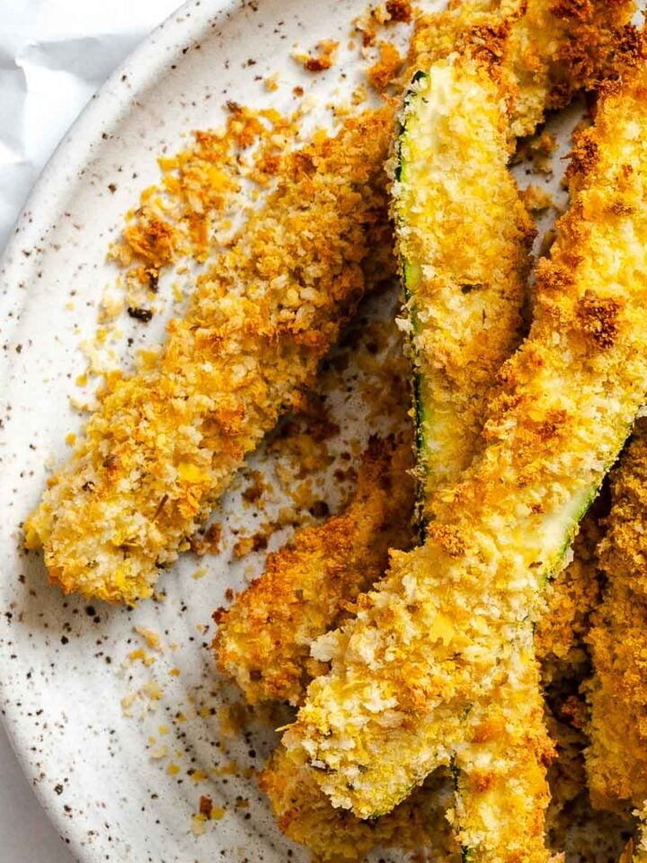 Completed Air Fryer Zucchini Fries on plate.