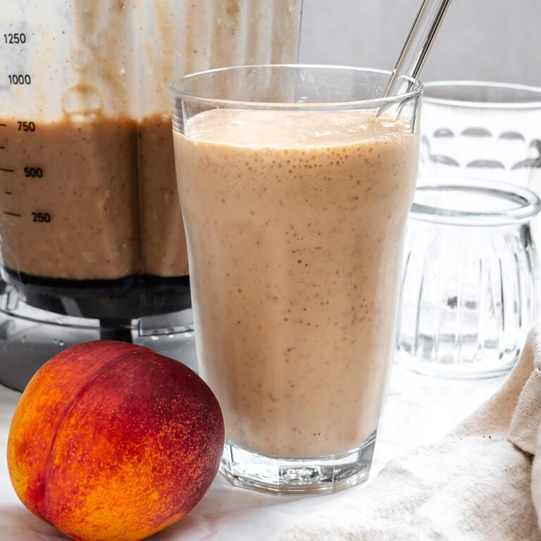 Completed Banana Peach Smoothie in a glass.