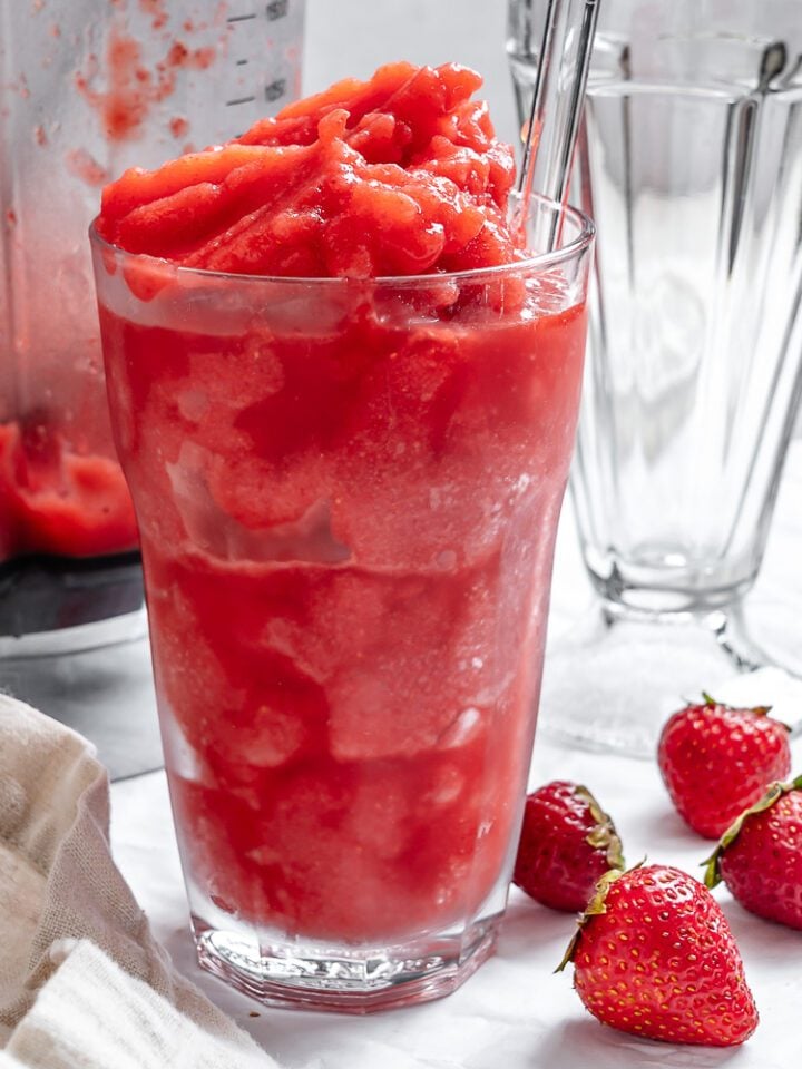 Completed Easy Strawberry Slushie Recipe in a glass.