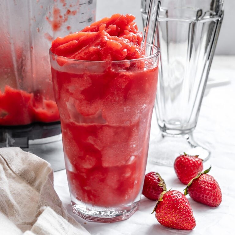 Completed Easy Strawberry Slushie Recipe in a glass.