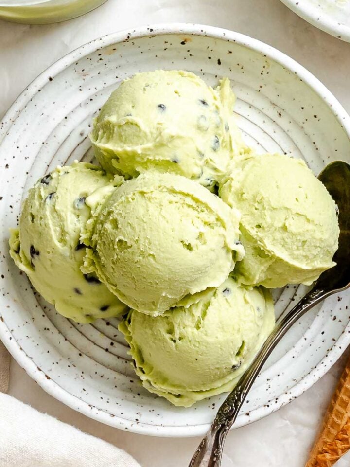 Completed Vegan Mint Chocolate Chip Ice Cream (Ninja Creami) scoops plated.