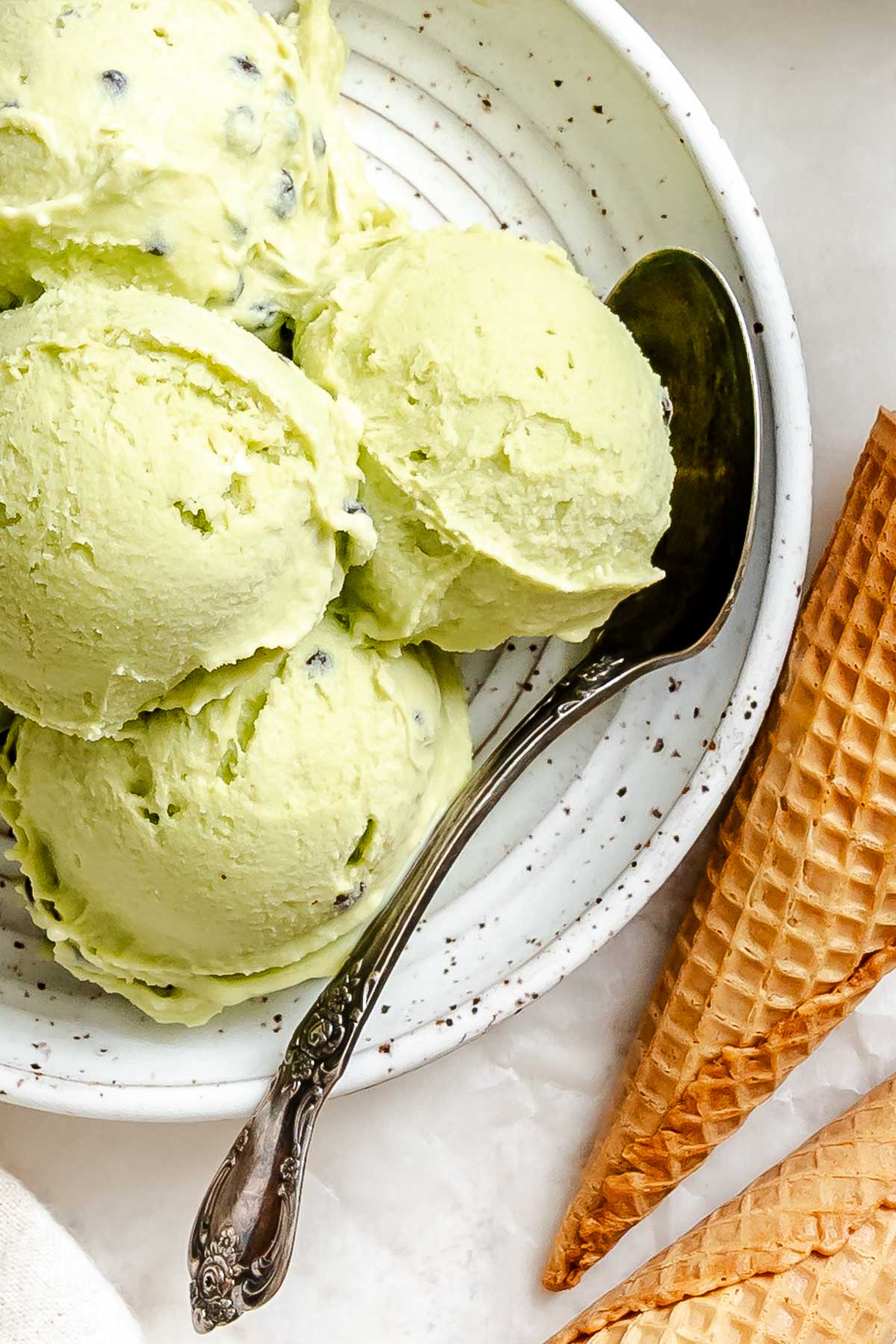 Completed Vegan Mint Chocolate Chip Ice Cream (Ninja Creami) scoops plated.