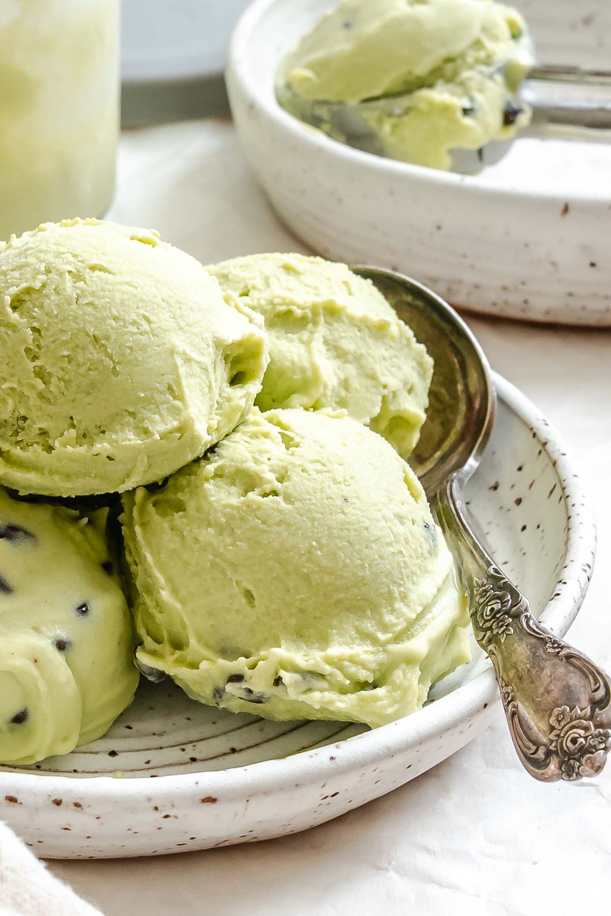 Completed Vegan Mint Chocolate Chip Ice Cream (Ninja Creami) scoops plated.