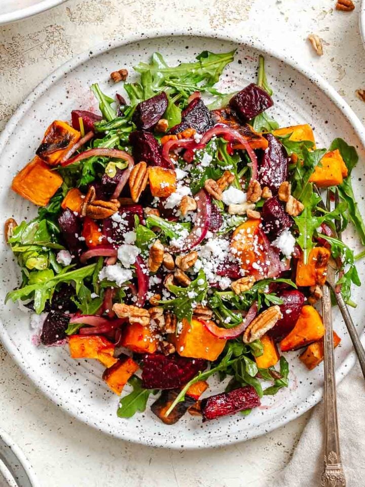 Completed Roasted Beetroot Sweet Potato Salad on a plate.