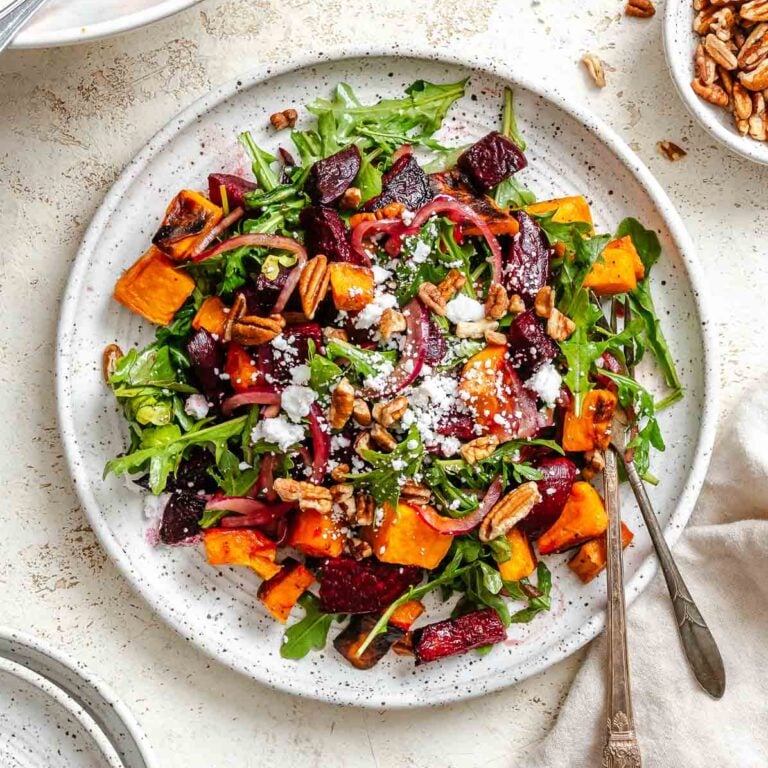 Completed Roasted Beetroot Sweet Potato Salad on a plate.