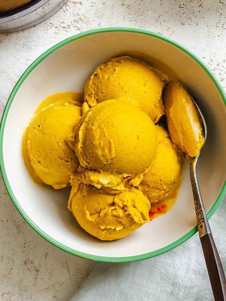 Completed Vegan Pumpkin Ice Cream (Ninja Creami) in a bowl.