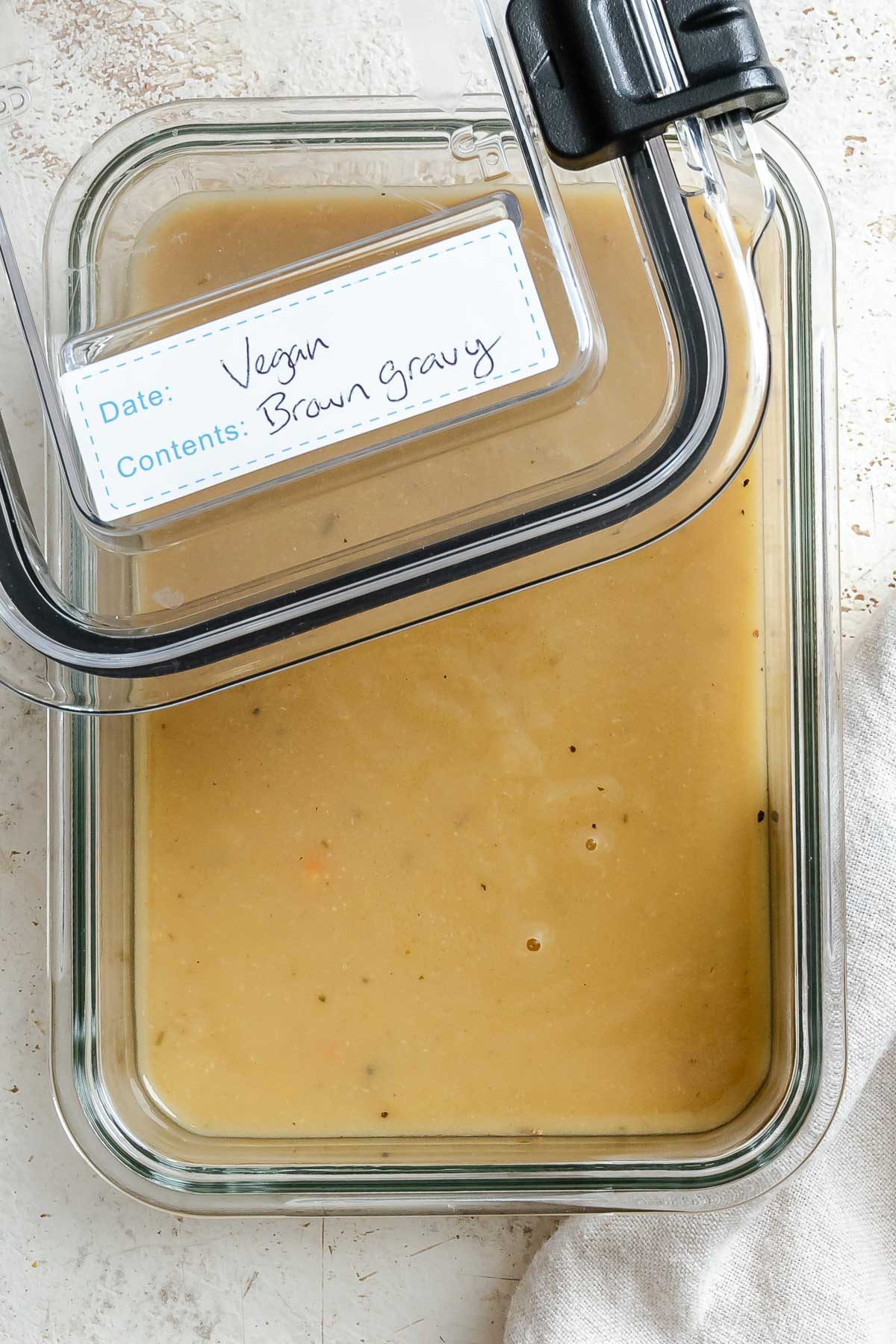 Completed Easy Vegan Gravy in storage container.