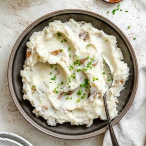 Completed vegan garlic mashed potatoes in a bowl.