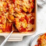 Completed Vegan Stuffed Shells in baking dish.