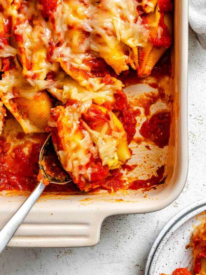Completed Vegan Stuffed Shells in baking dish.