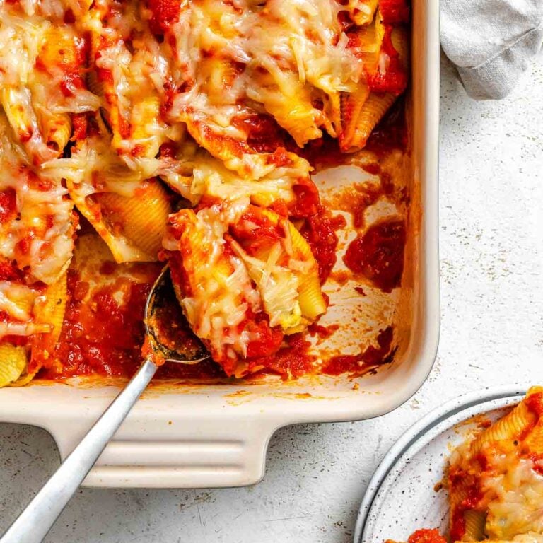 Completed Vegan Stuffed Shells in baking dish.