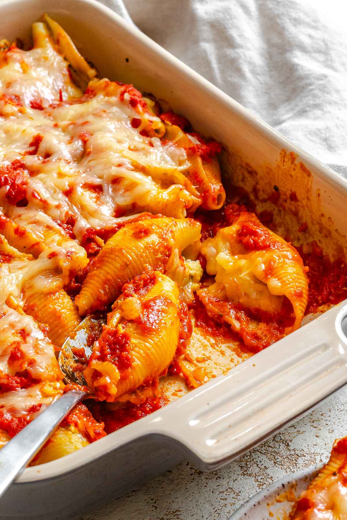 Completed Vegan Stuffed Shells in baking dish.