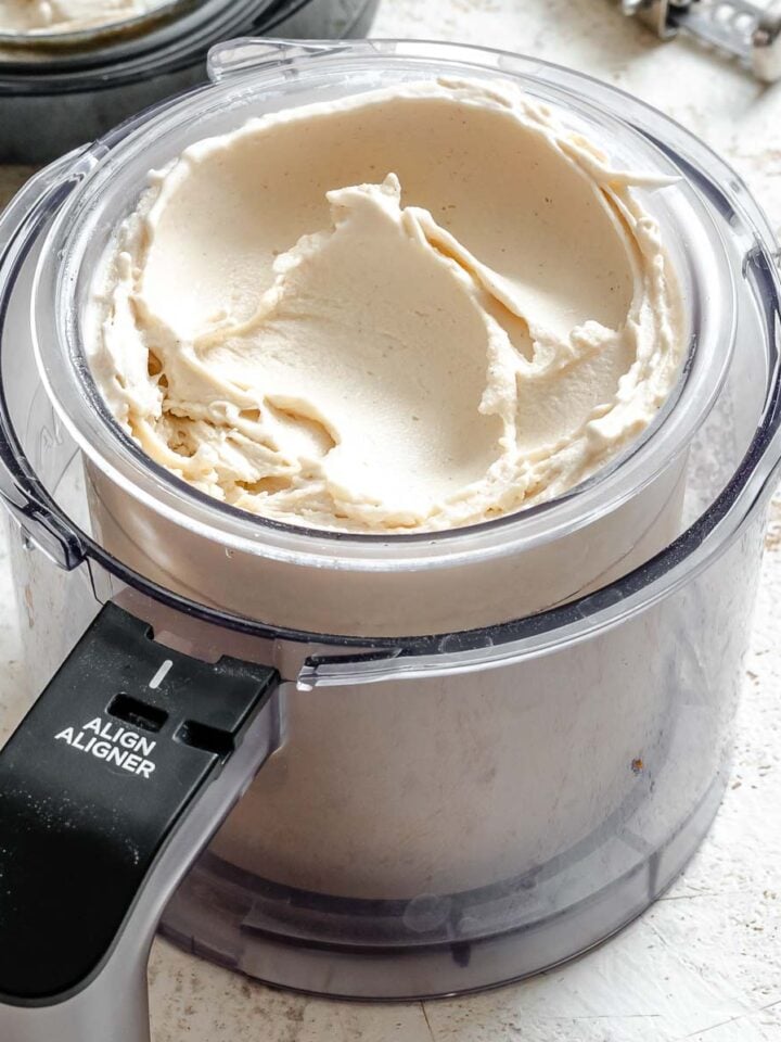 Completed Vegan Vanilla Ice Cream (Ninja Creami) in pint container.