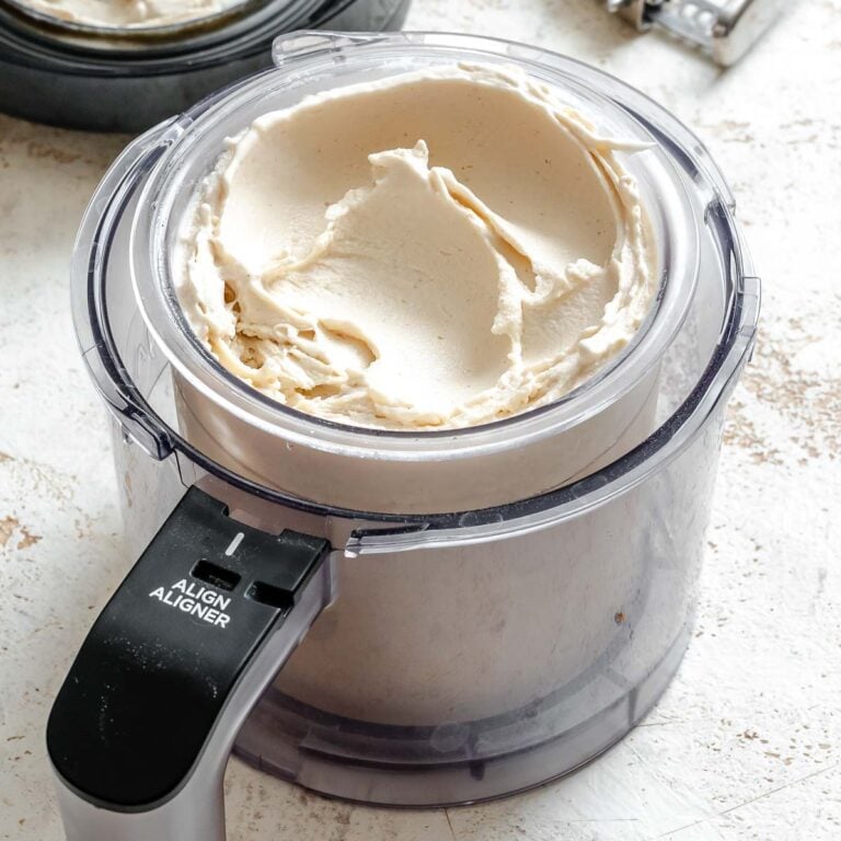 Completed Vegan Vanilla Ice Cream (Ninja Creami) in pint container.